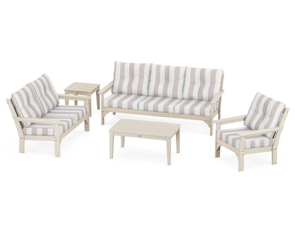 POLYWOOD® Vineyard 5 Piece Deep Seating Set in Sand / Cabana Stripe Dune Burlap