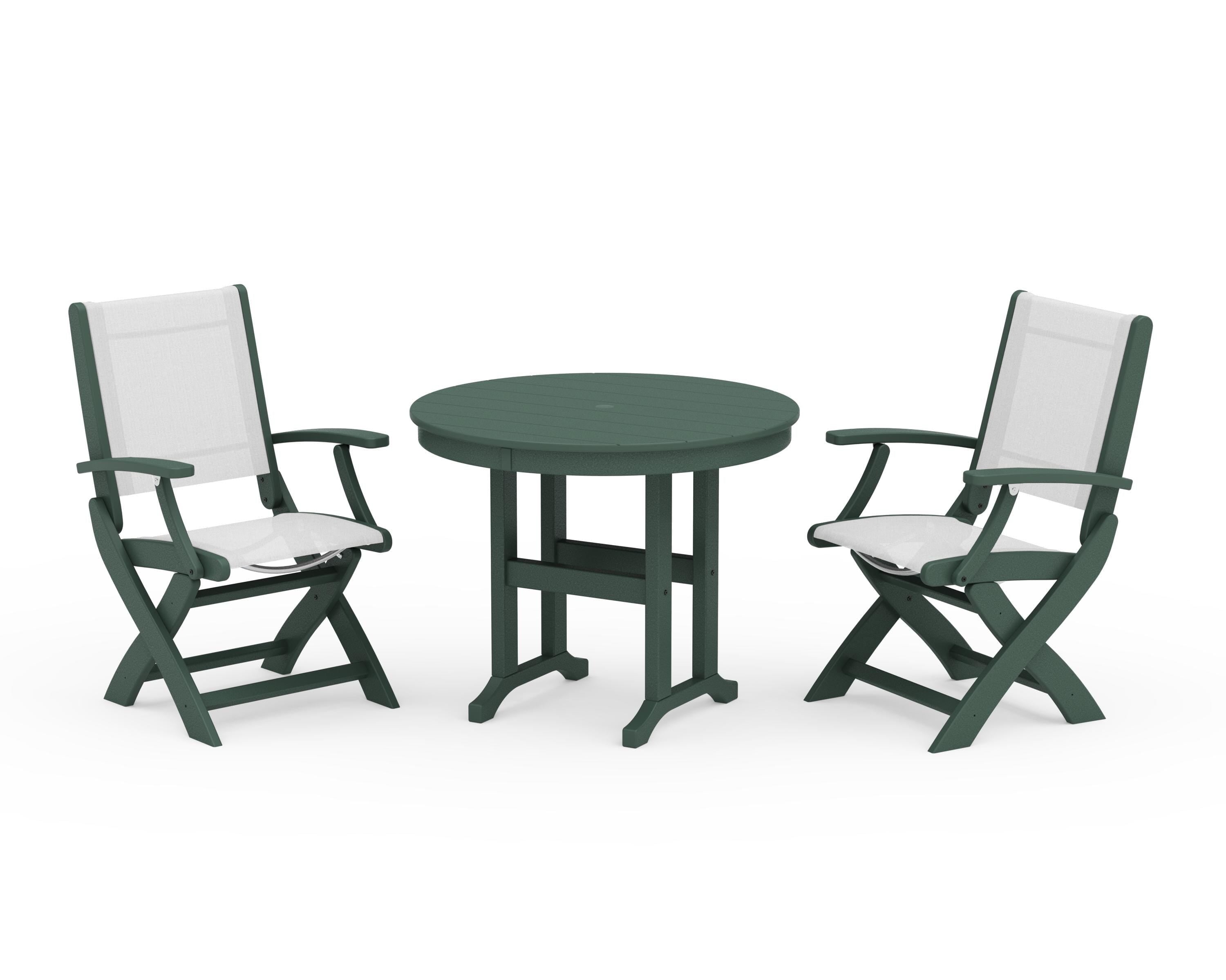 POLYWOOD® Coastal Folding Chair 3-Piece Round Dining Set in Green / White Sling