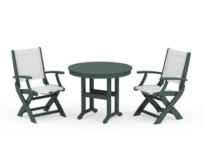 POLYWOOD® Coastal Folding Chair 3-Piece Round Dining Set in Green / White Sling