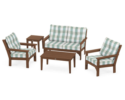 POLYWOOD® Vineyard 5-Piece Deep Seating Set in Teak / Buffalo Plaid Glacier Spa