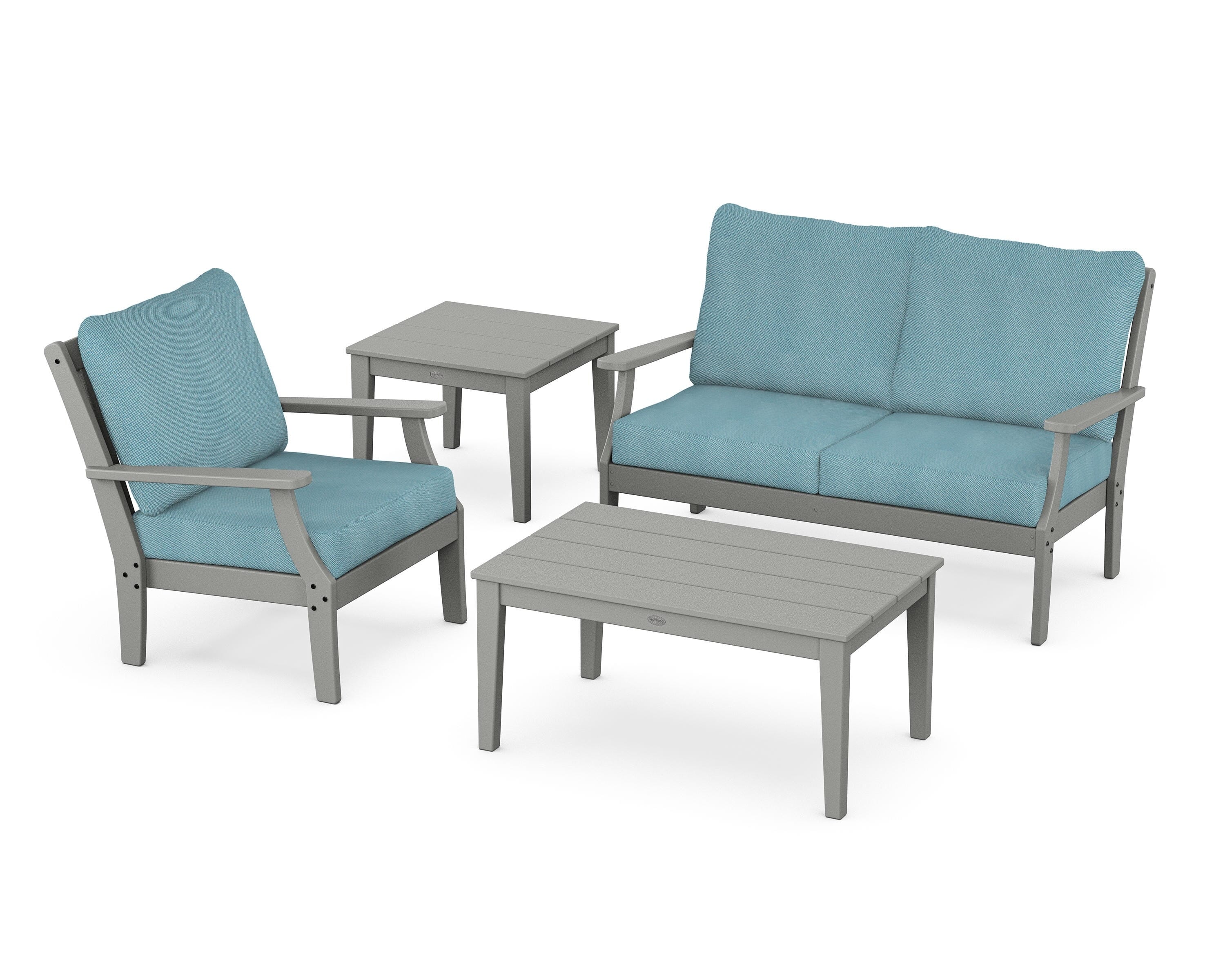 POLYWOOD® Braxton 4-Piece Deep Seating Set in Slate Grey / Lattice Sky Blue