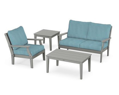 POLYWOOD® Braxton 4-Piece Deep Seating Set in Slate Grey / Lattice Sky Blue