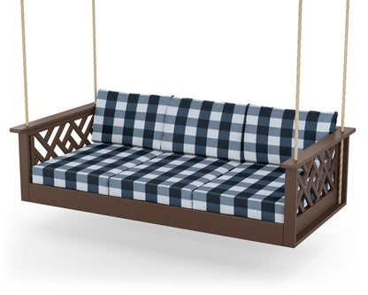 POLYWOOD® Chippendale Daybed Swing in Mahogany / Buffalo Plaid Marine Indigo