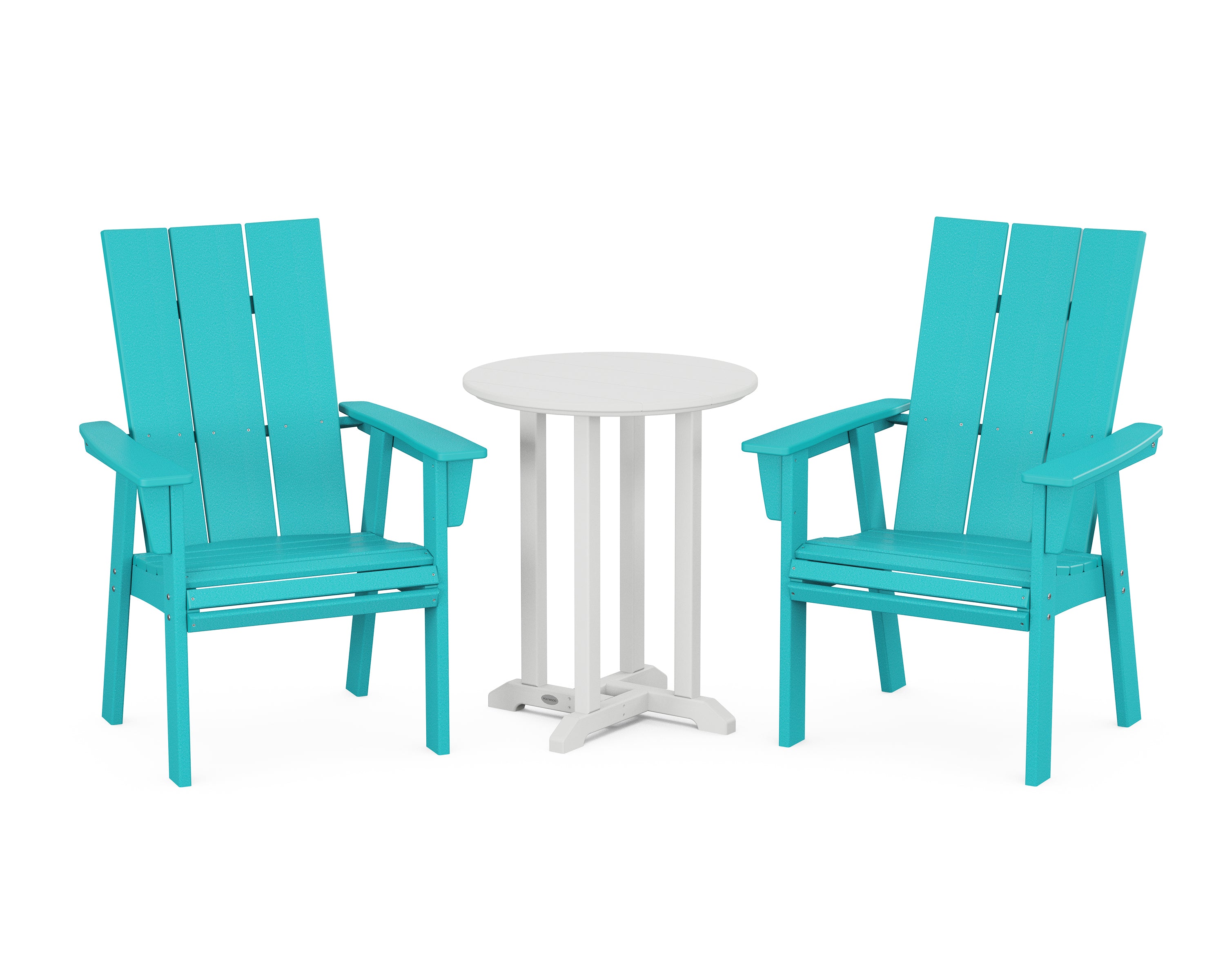 POLYWOOD® Modern Curveback Adirondack 3-Piece Round Bistro Dining Set in Aruba / White