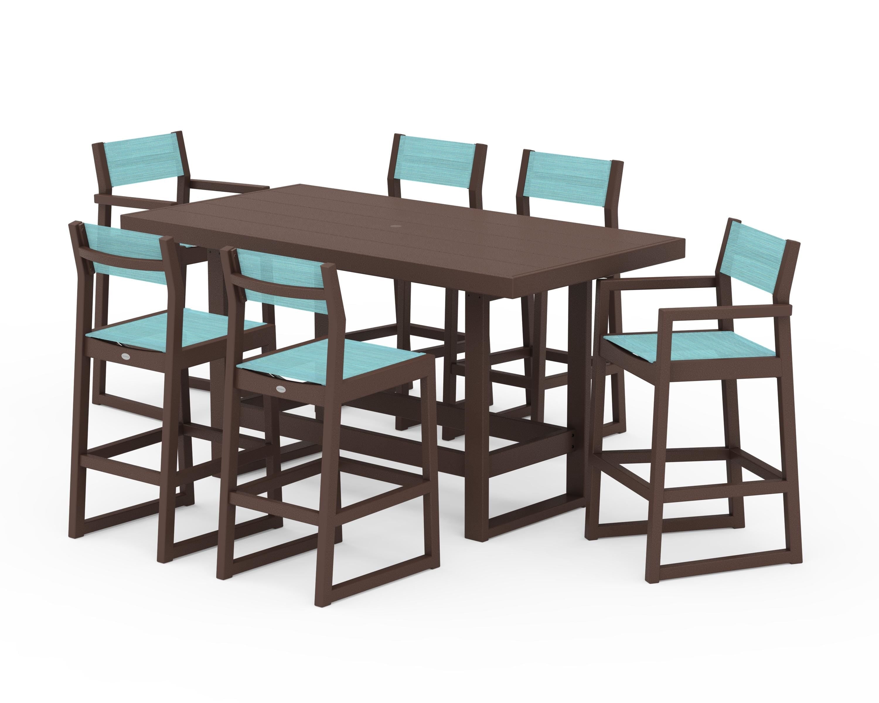 POLYWOOD® EDGE Sling 7-Piece Bar Table Set in Mahogany / Dupioni Aquamarine Sling