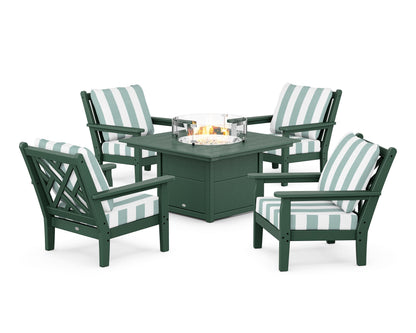 POLYWOOD® Chippendale 5-Piece Deep Seating Set with Fire Pit Table in Green / Cabana Stripe Glacier Spa