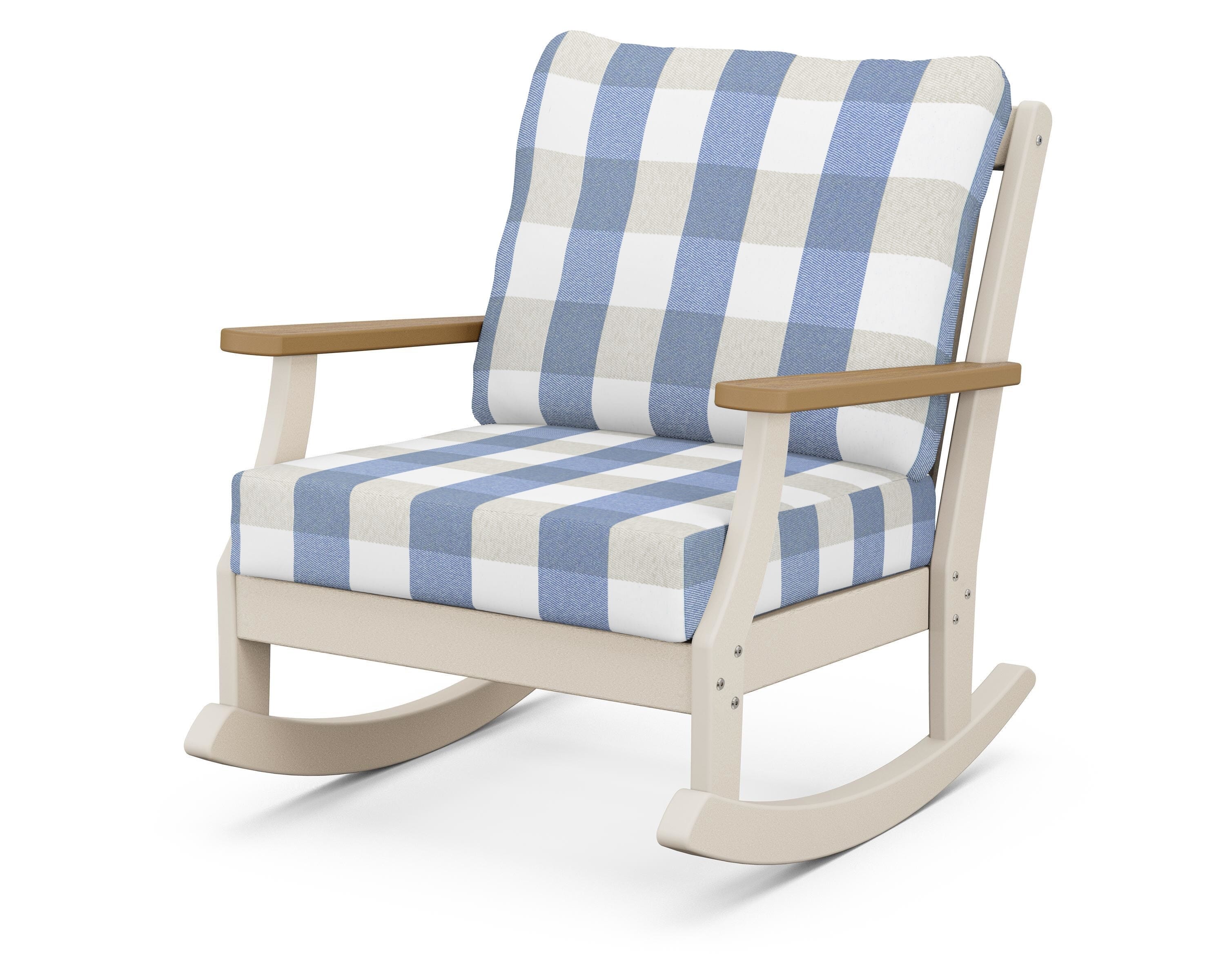 POLYWOOD® Braxton Deep Seating Rocking Chair in Sand / Natural / Buffalo Plaid Sky Blue