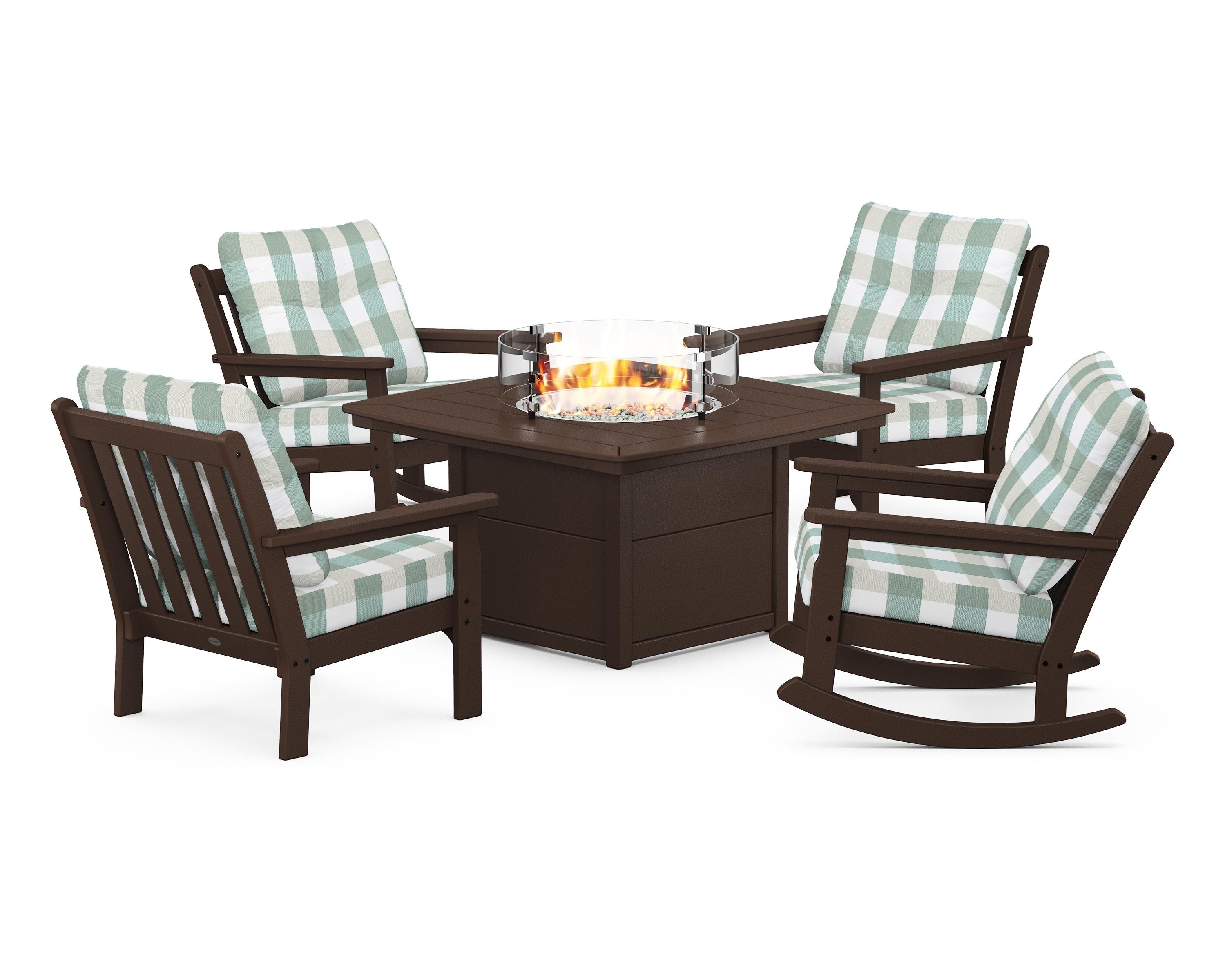 POLYWOOD® Vineyard 5-Piece Deep Seating Rocking Chair Conversation Set with Fire Pit Table in Mahogany / Buffalo Plaid Glacier Spa