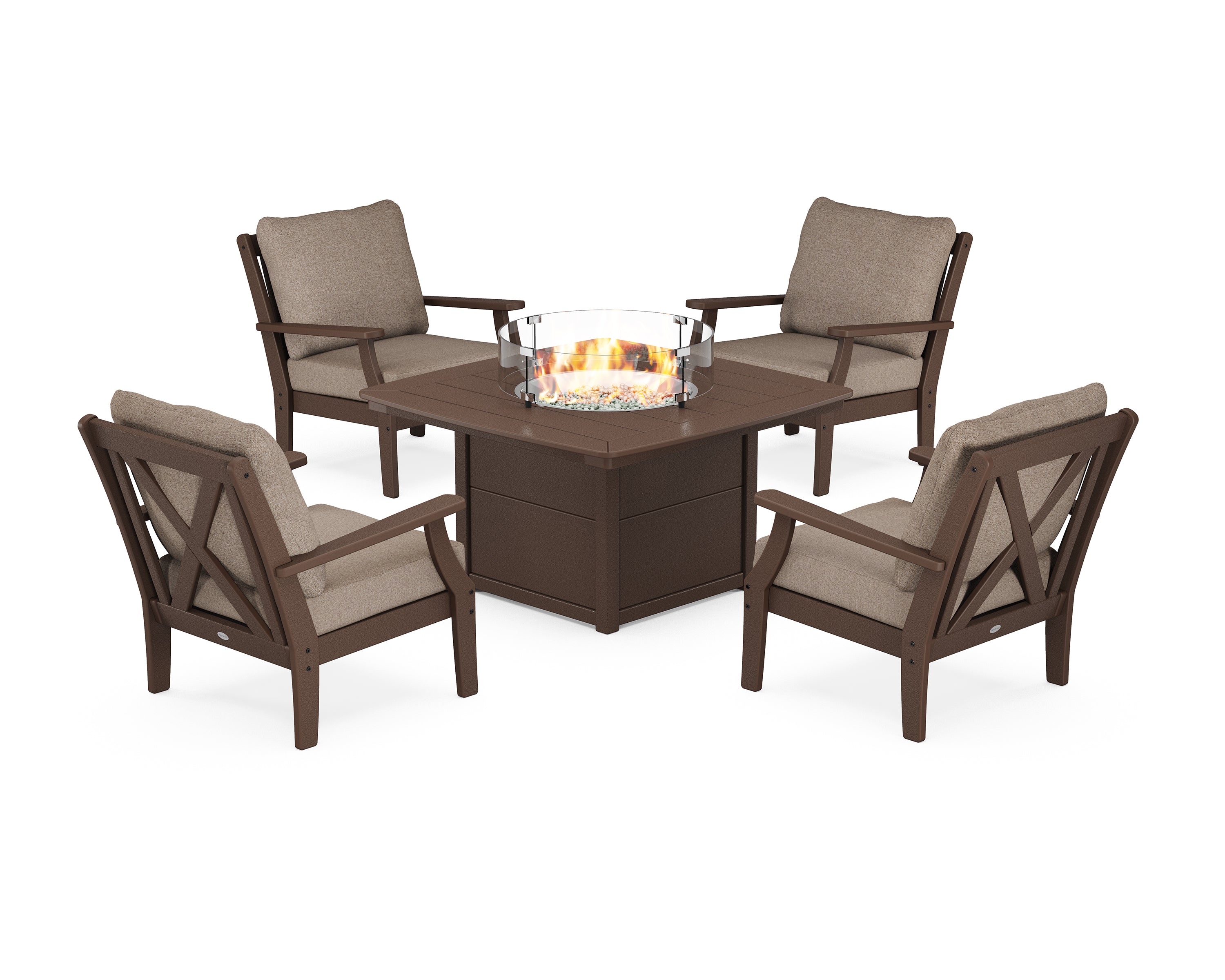 POLYWOOD® Braxton 5-Piece Deep Seating Conversation Set with Fire Pit Table in Mahogany / Spiced Burlap