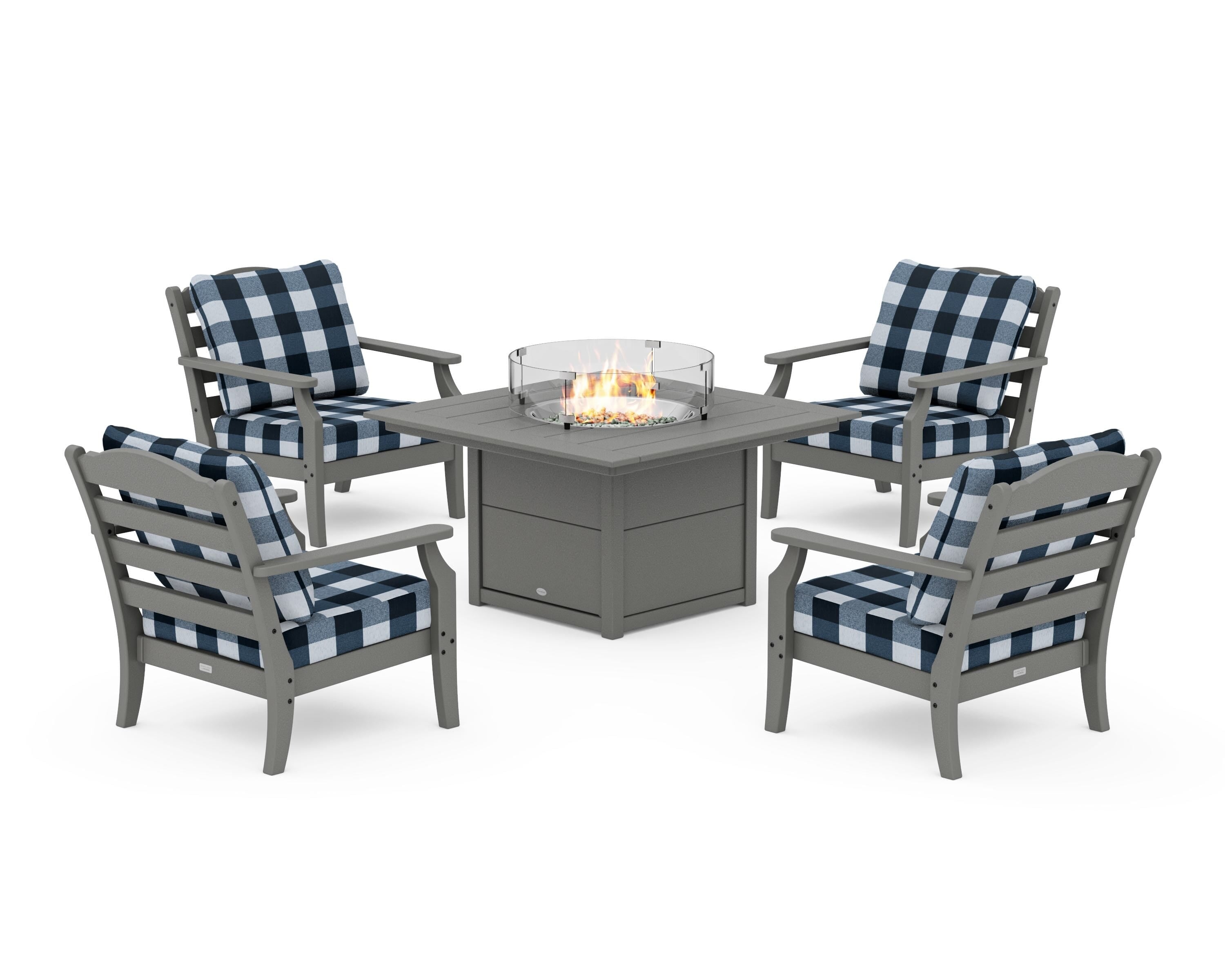 Draper James™ by  POLYWOOD® Savannah 5-Piece Deep Seating Set with Fire Pit Table in Slate Grey / Buffalo Plaid Marine Indigo