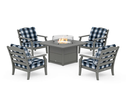 Draper James™ by  POLYWOOD® Savannah 5-Piece Deep Seating Set with Fire Pit Table in Slate Grey / Buffalo Plaid Marine Indigo