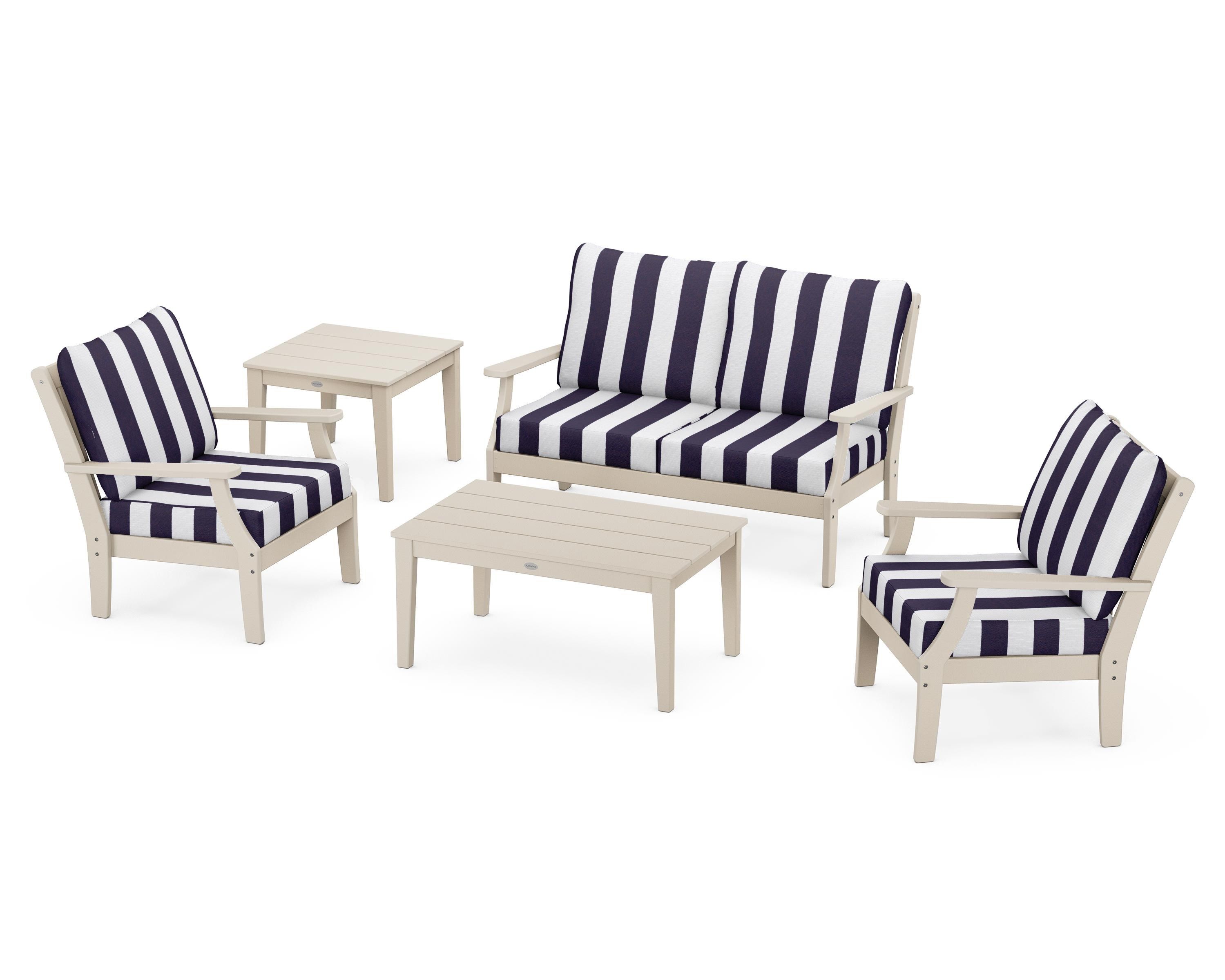 POLYWOOD® Braxton 5-Piece Deep Seating Set in Sand / Cabana Stripe Navy