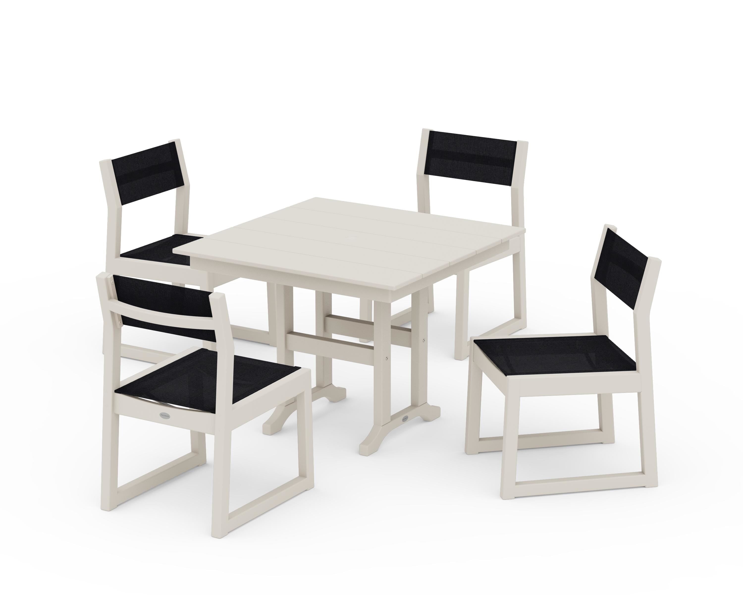 POLYWOOD® EDGE Sling Side Chair 5-Piece Farmhouse Dining Set in Sand / Black Sling