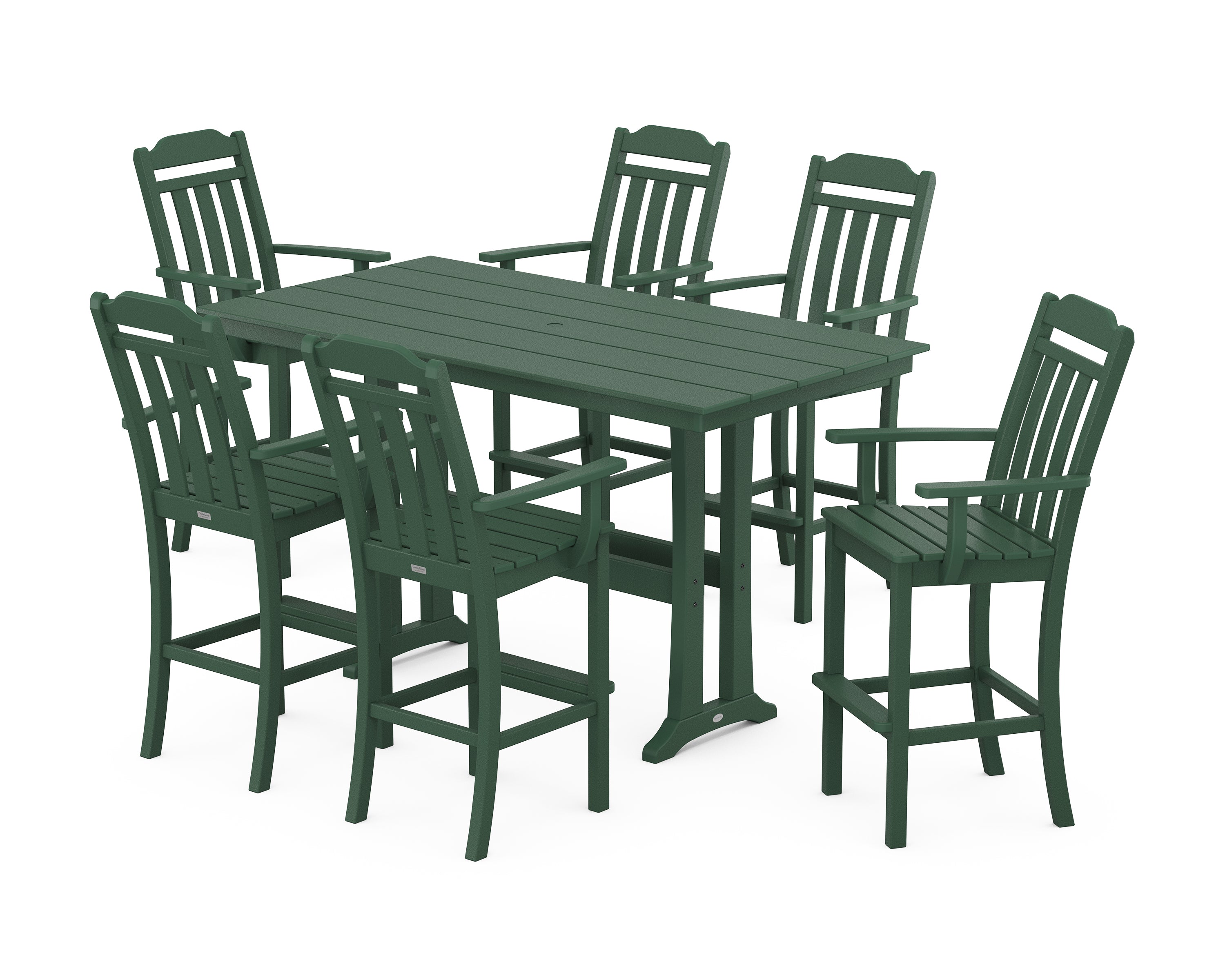Country Living Cottage Arm Chair 7-Piece Farmhouse Bar Set with Trestle Legs in Green