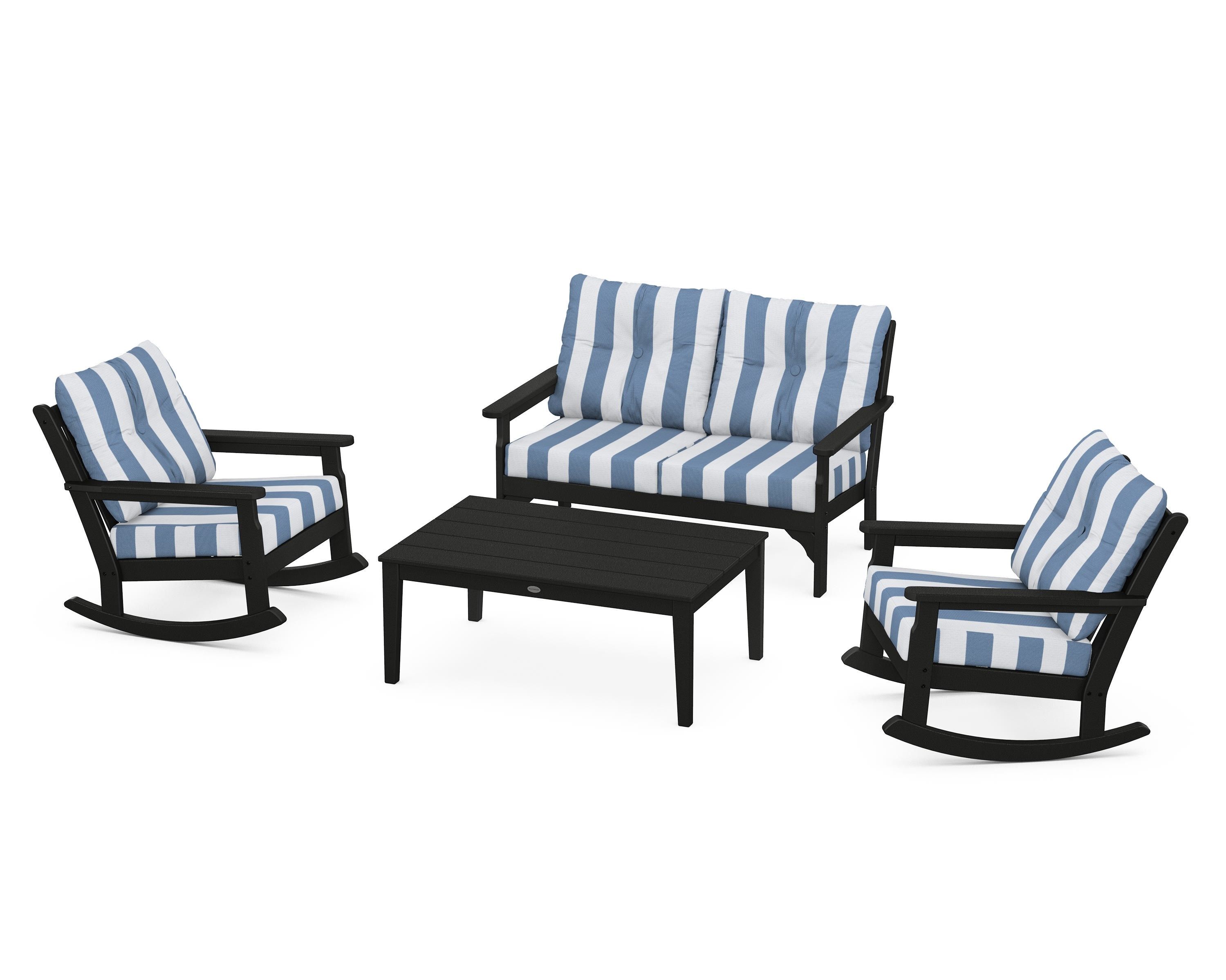 POLYWOOD® Vineyard 4-Piece Deep Seating Rocking Chair Set in Black / Cabana Stripe Sky Blue