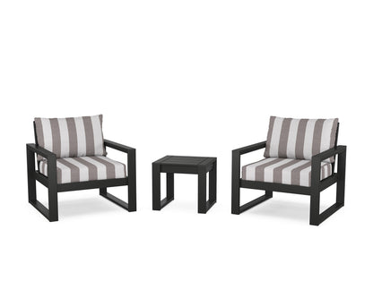 POLYWOOD® EDGE Sectional 3-Piece Deep Seating Set in Black / Cabana Stripe Grey Mist