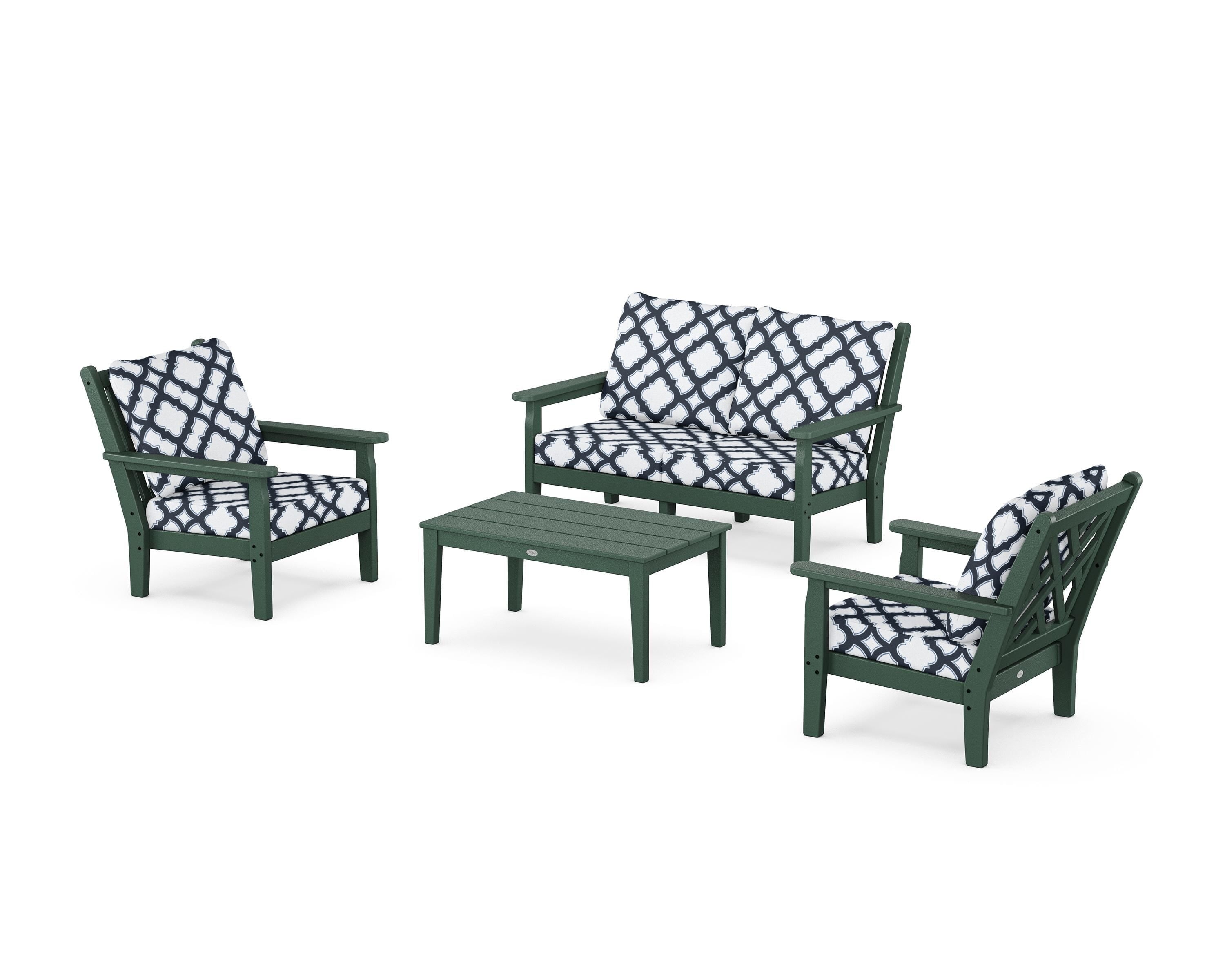 POLYWOOD® Chippendale 4-Piece Deep Seating Set with Loveseat in Green / Trellis Marine Indigo