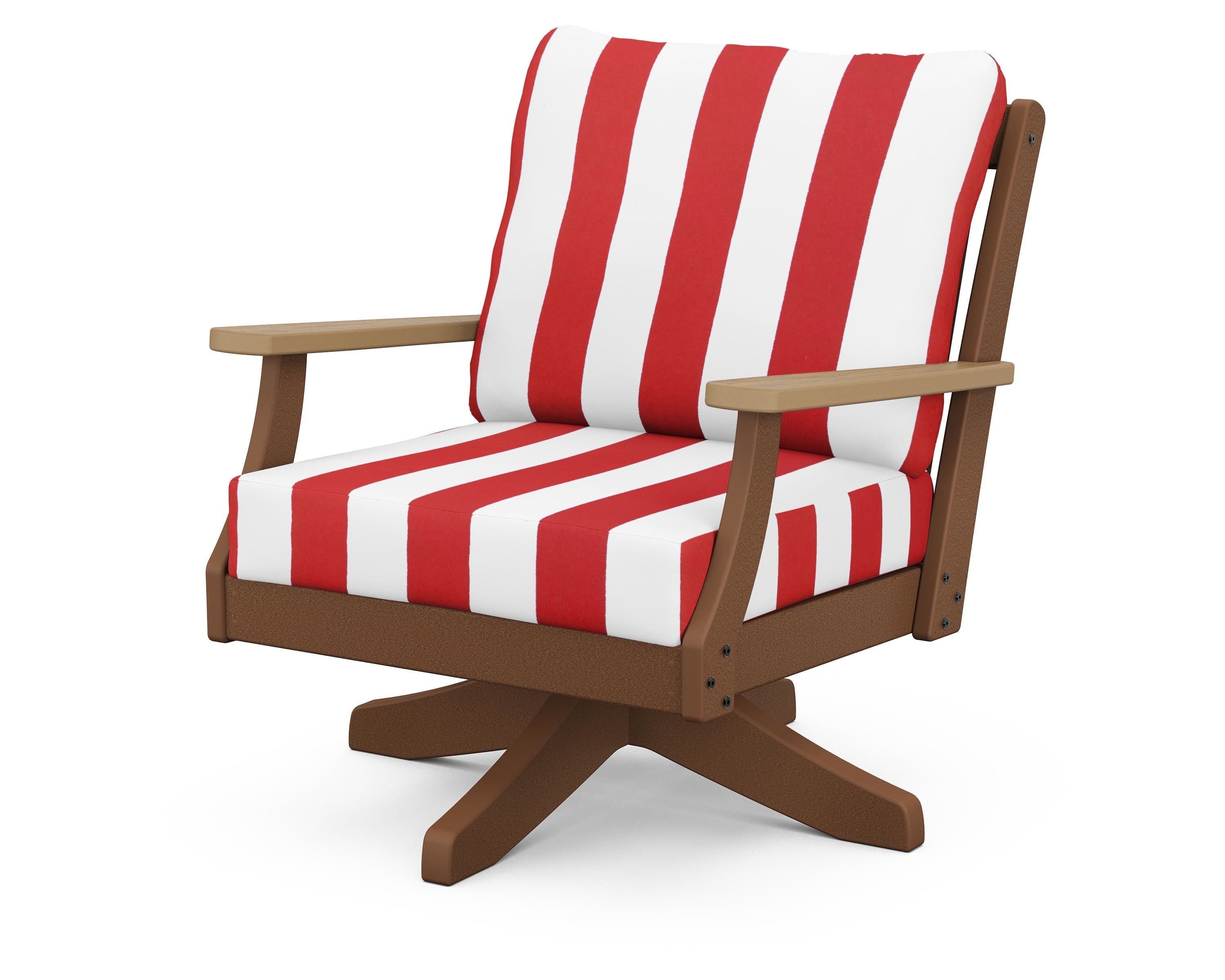 POLYWOOD® Braxton Deep Seating Swivel Chair in Teak / Natural / Cabana Stripe Crimson