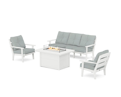 POLYWOOD® Lakeside Deep Seating Fire Pit Table Set in White / Spa