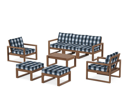 POLYWOOD® EDGE Sectional 8-Piece Lounge Sofa Set in Teak / Buffalo Plaid Marine Indigo