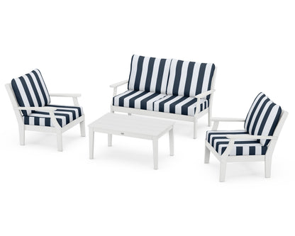 POLYWOOD® Braxton 4-Piece Deep Seating Chair Set in White / Cabana Stripe Marine Indigo