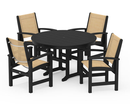 POLYWOOD® Coastal 5-Piece Round Farmhouse Dining Set in Black / Dupioni Apricot Sling