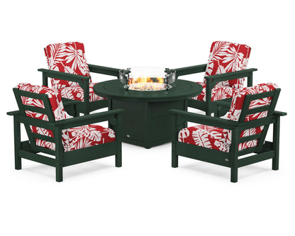 POLYWOOD® Club 5-Piece Conversation Set with Fire Pit Table in Green / Leaf Crimson