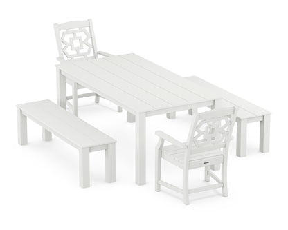 Martha Stewart by POLYWOOD® Chinoiserie 5-Piece Parsons Dining Set with Benches in White