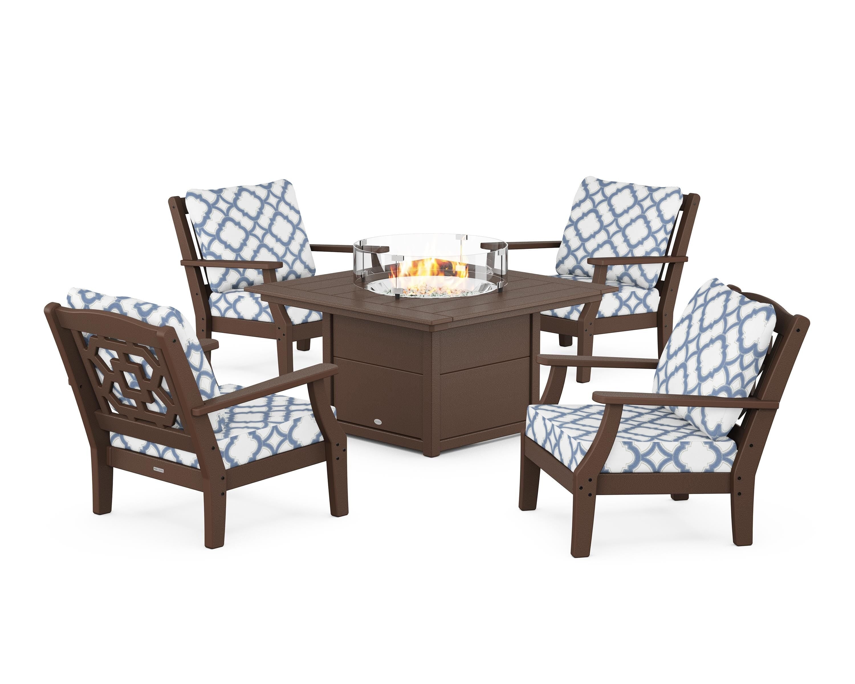 Martha Stewart by POLYWOOD® Chinoiserie 5-Piece Deep Seating Set with Fire Pit Table in Mahogany / Trellis Sky Blue