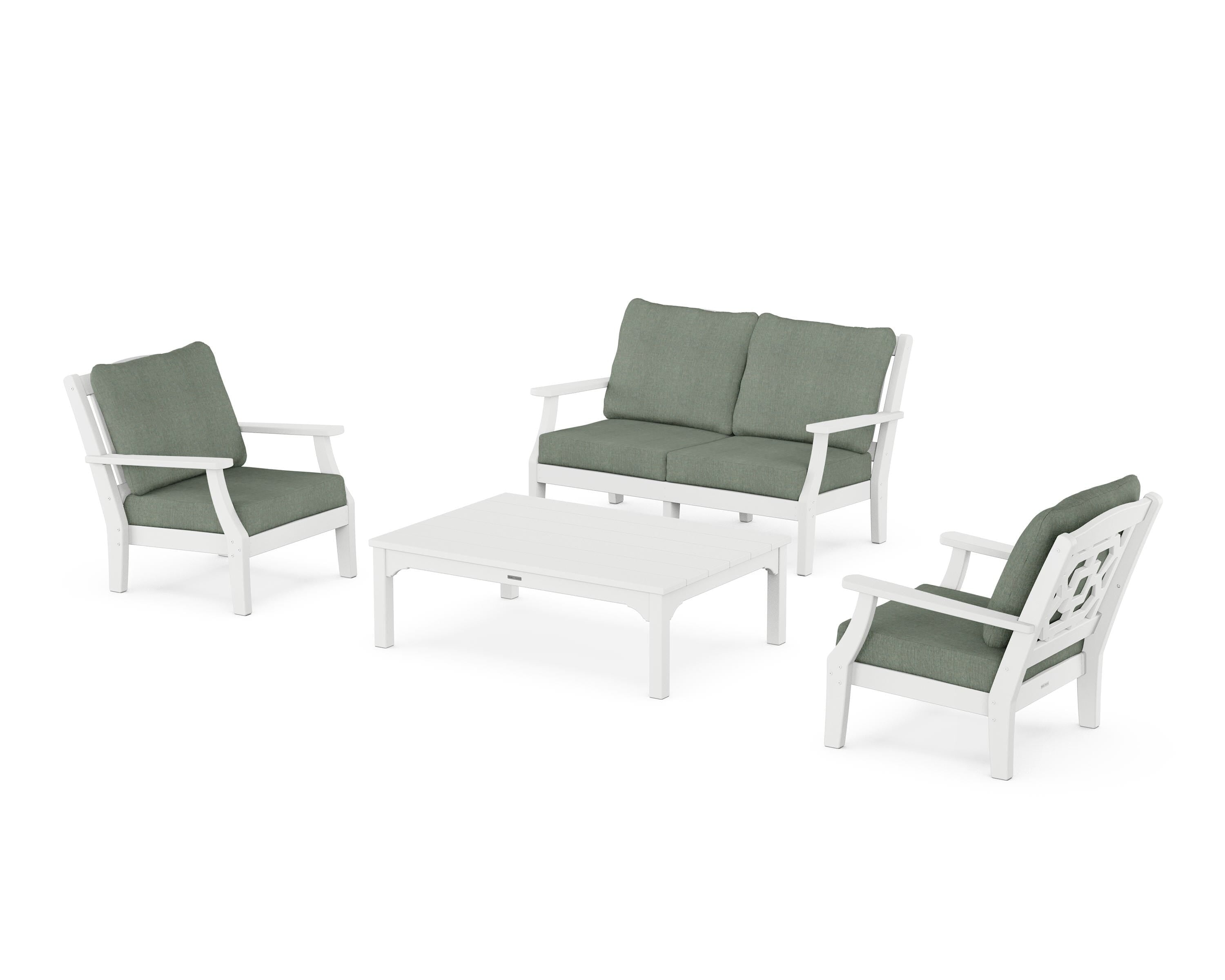 Martha Stewart by POLYWOOD® Chinoiserie 4-Piece Deep Seating Set with Loveseat in White / Cast Sage