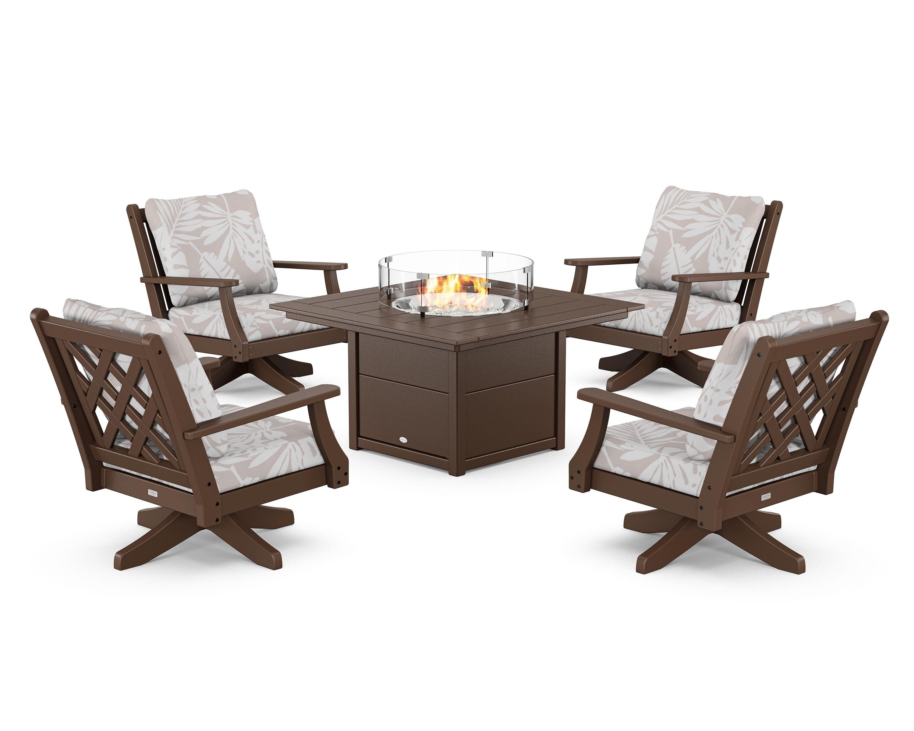 Country Living Wovendale 5-Piece Deep Seating Swivel Conversation Set with Fire Pit Table in Mahogany / Leaf Dune Burlap