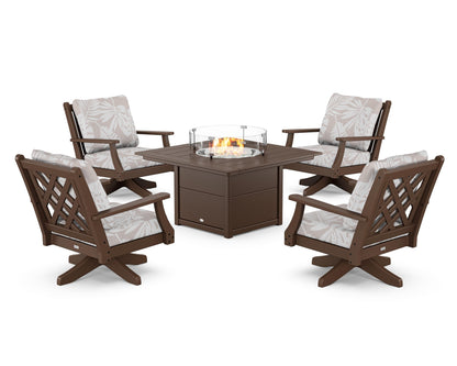 Country Living Wovendale 5-Piece Deep Seating Swivel Conversation Set with Fire Pit Table in Mahogany / Leaf Dune Burlap