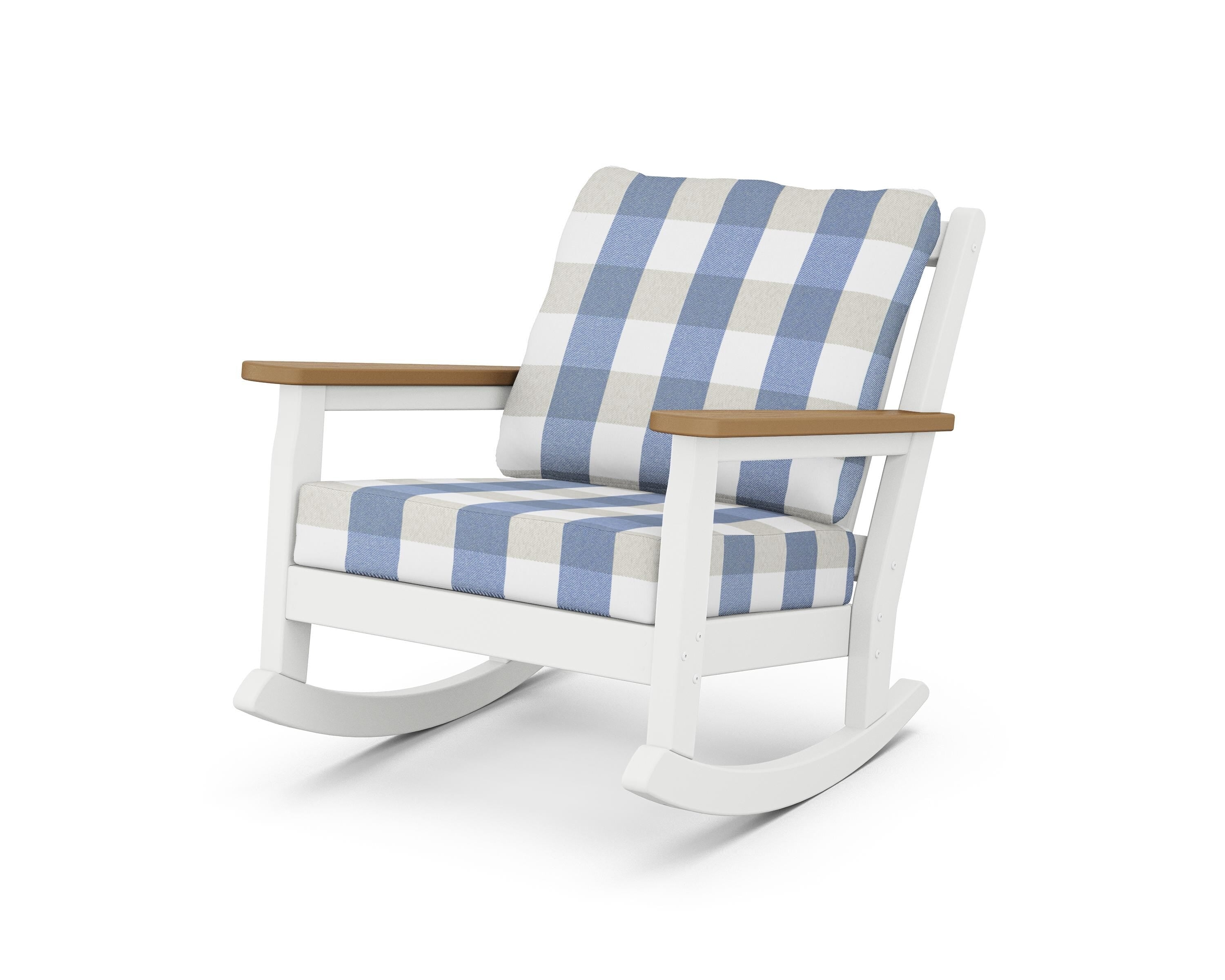 POLYWOOD® Chippendale Deep Seating Rocking Chair in White / Natural / Buffalo Plaid Sky Blue