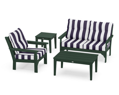 POLYWOOD® Vineyard 4-Piece Deep Seating Set in Green / Cabana Stripe Navy