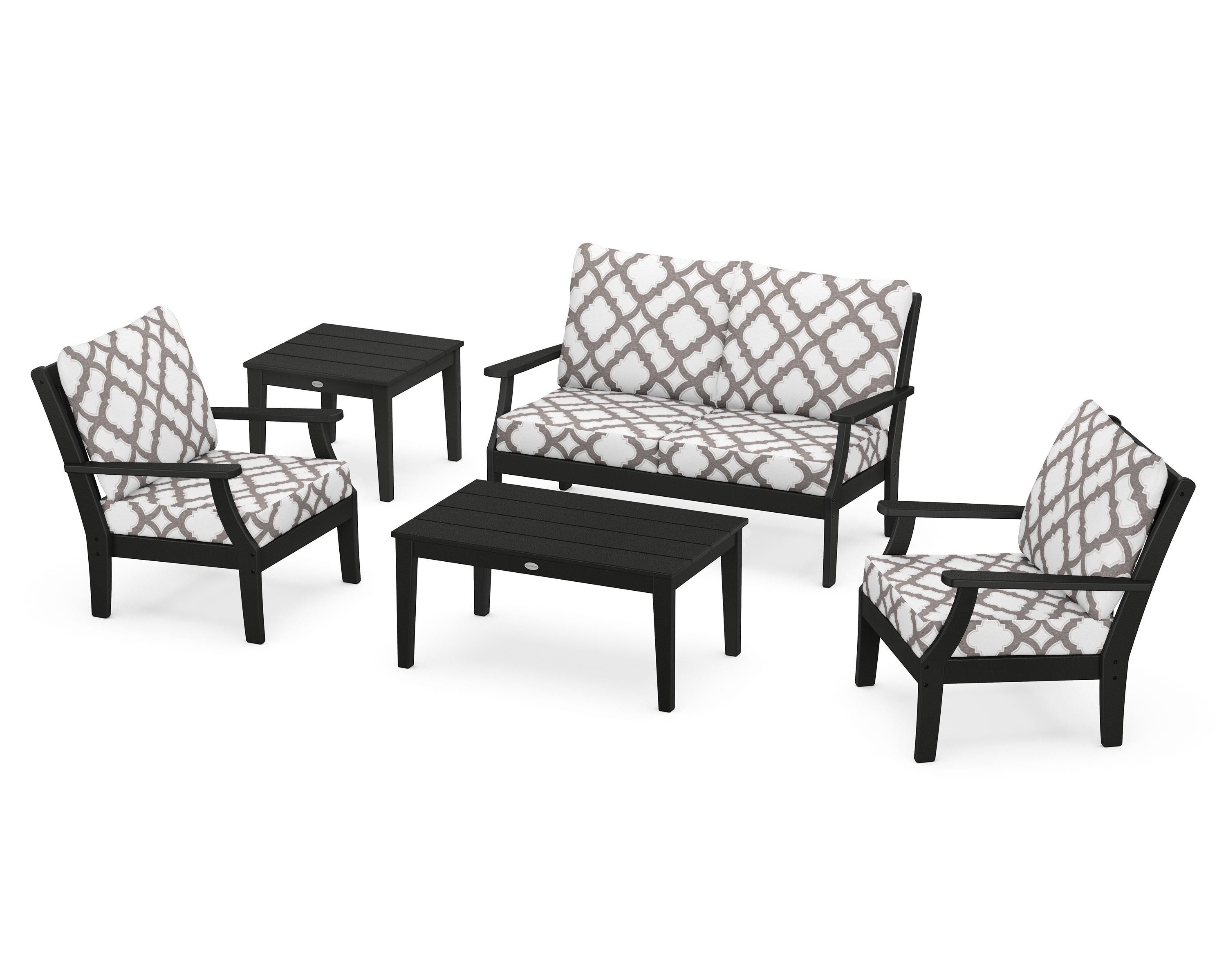 POLYWOOD® Braxton 5-Piece Deep Seating Set in Black / Trellis Grey Mist