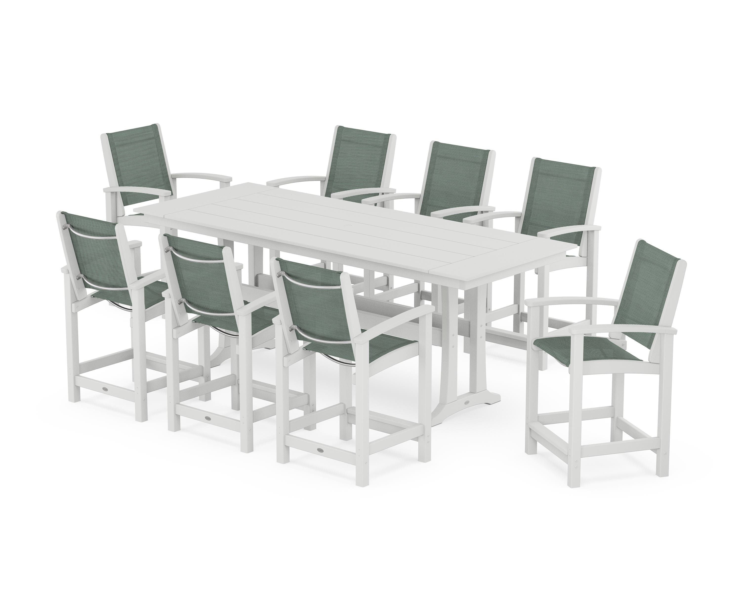 POLYWOOD® Coastal 9-Piece Farmhouse Counter Set with Trestle Legs in White / Dupioni Sea Mist Sling