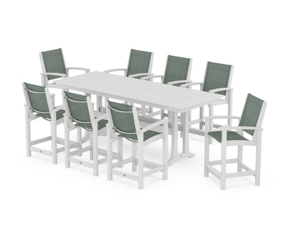 POLYWOOD® Coastal 9-Piece Farmhouse Counter Set with Trestle Legs in White / Dupioni Sea Mist Sling