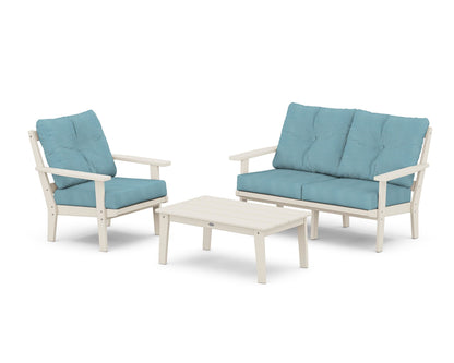 POLYWOOD® Oxford 3-Piece Deep Seating Set with Loveseat in Sand / Lattice Sky Blue