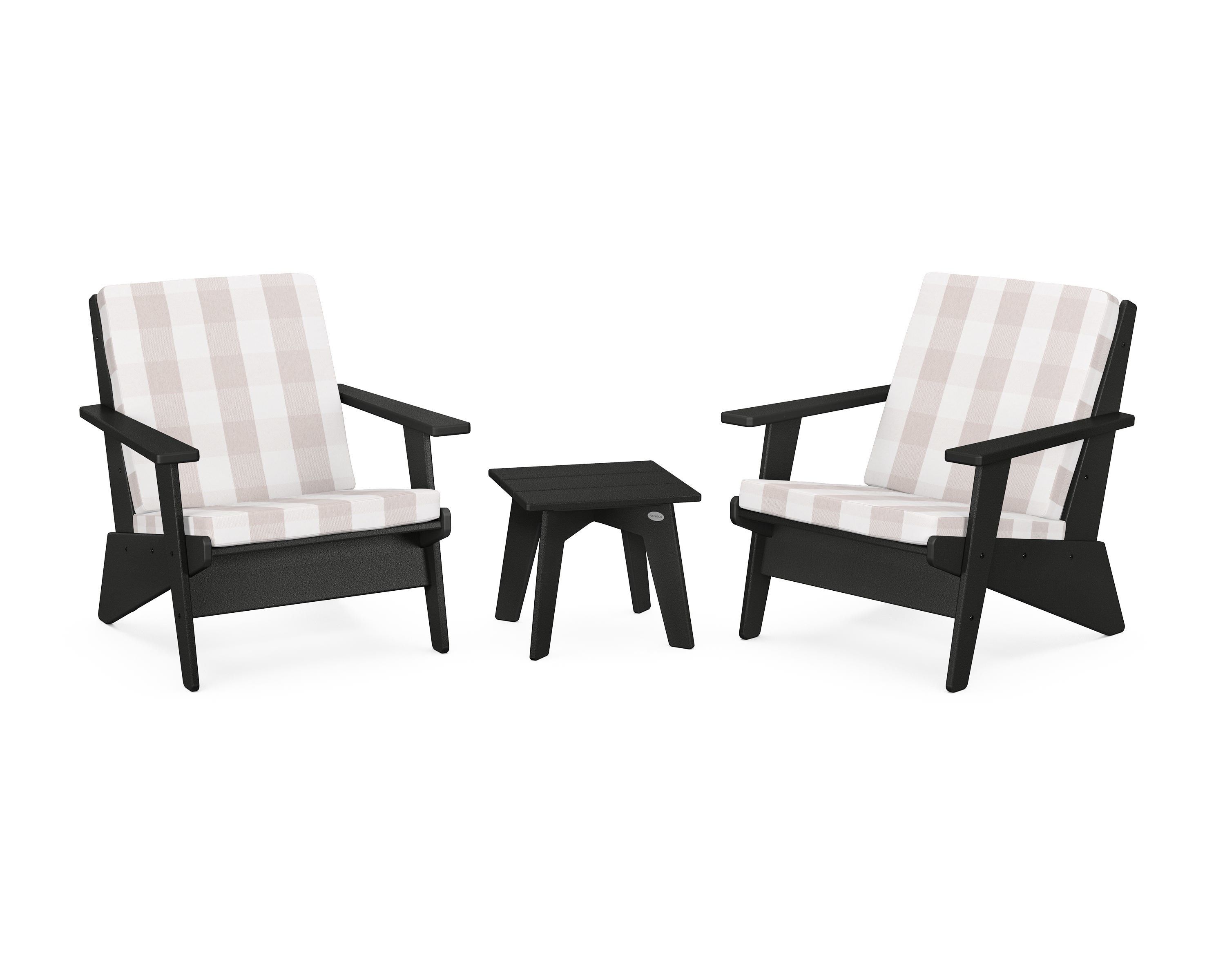 POLYWOOD® Riviera Modern Lounge 3-Piece Set in Black / Buffalo Plaid Dune Burlap