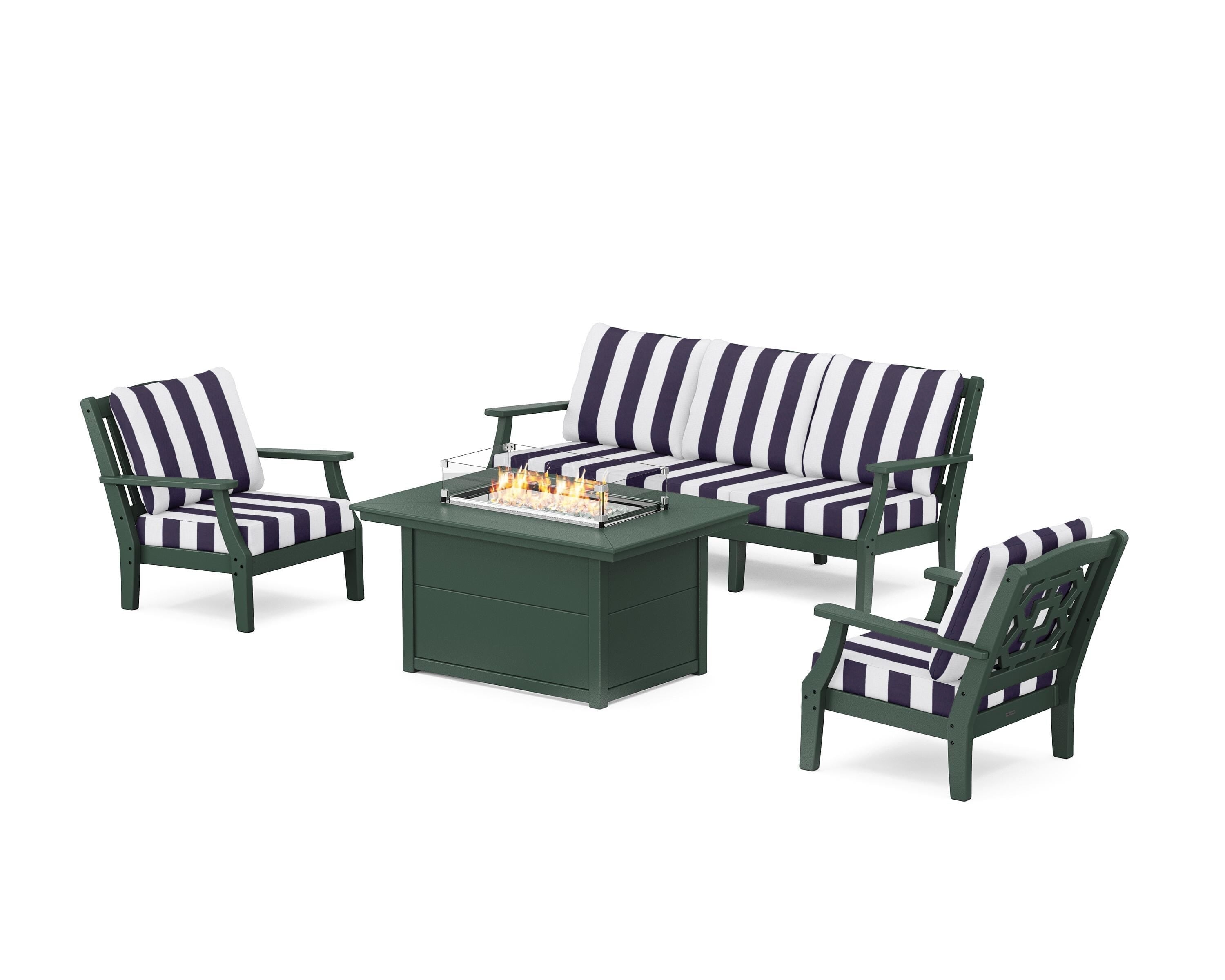 Martha Stewart by POLYWOOD® Chinoiserie Deep Seating Fire Pit Table Set in Green / Cabana Stripe Navy