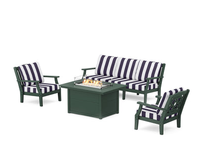 Martha Stewart by POLYWOOD® Chinoiserie Deep Seating Fire Pit Table Set in Green / Cabana Stripe Navy