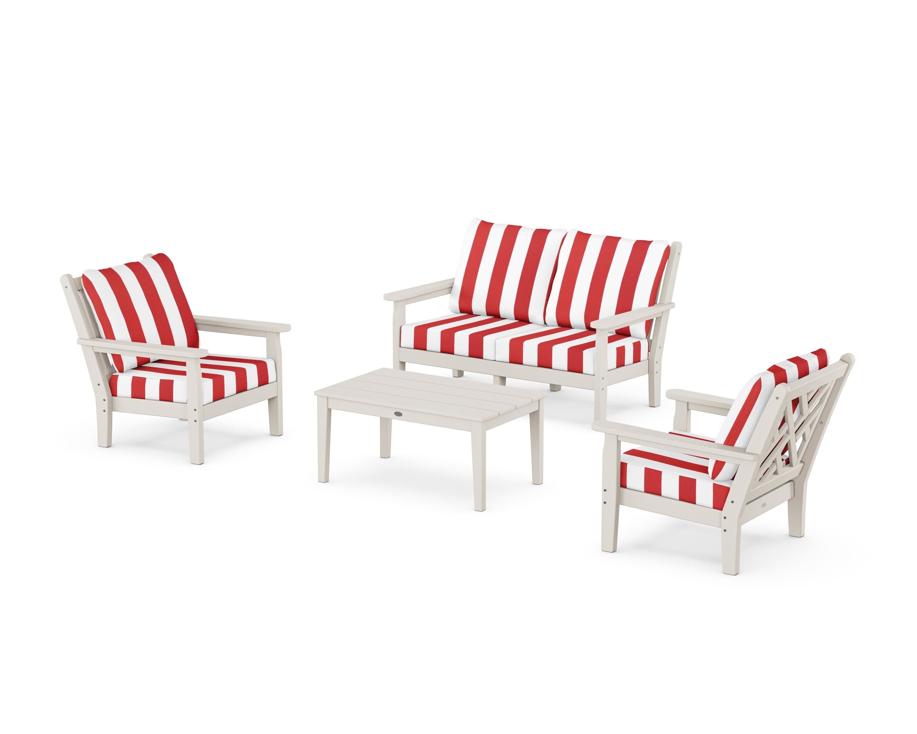 POLYWOOD® Chippendale 4-Piece Deep Seating Set with Loveseat in Sand / Cabana Stripe Crimson