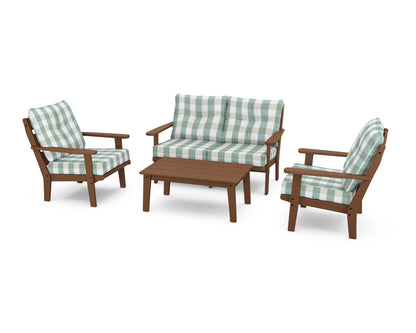 POLYWOOD® Lakeside 4-Piece Deep Seating Set in Teak / Buffalo Plaid Glacier Spa