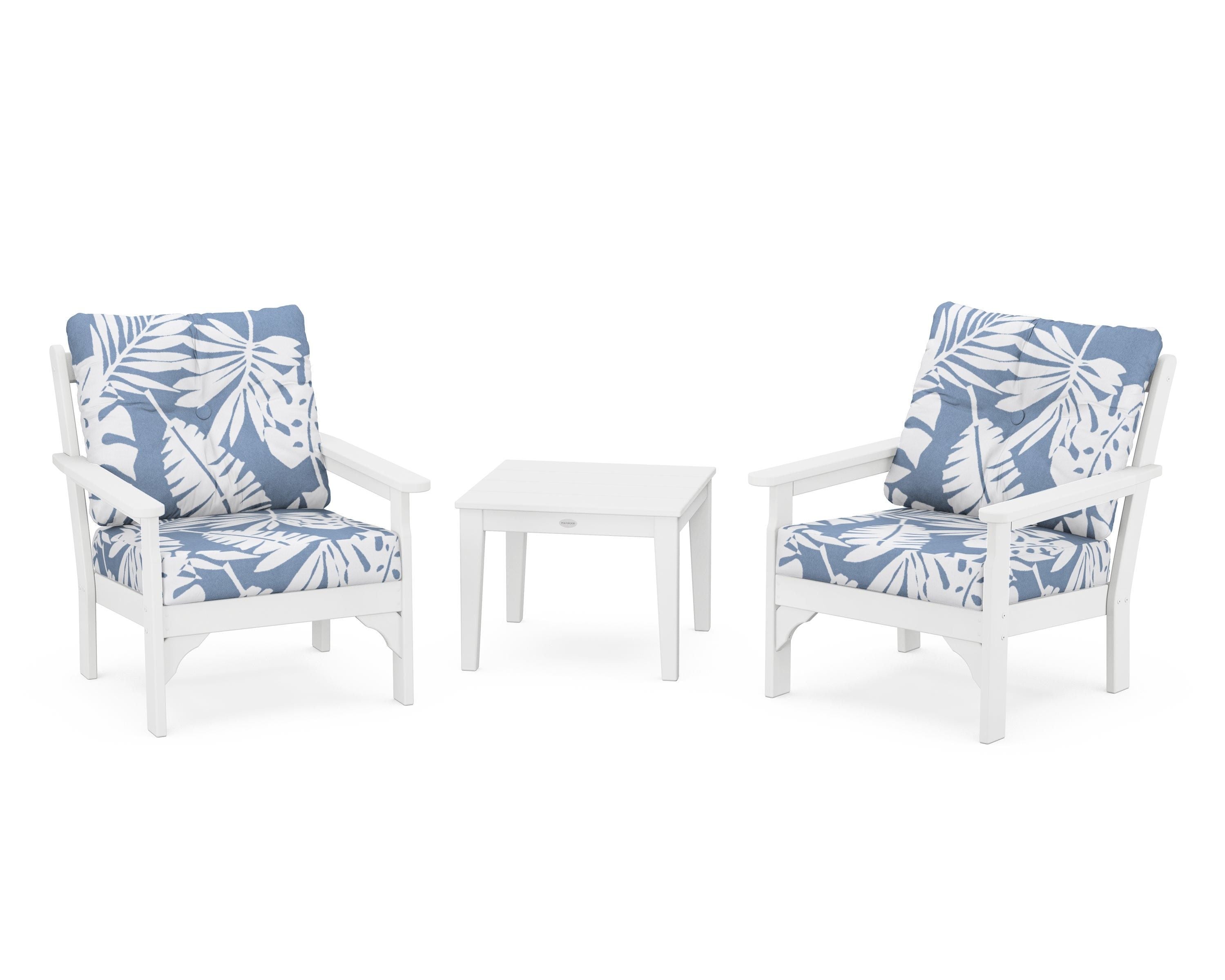 POLYWOOD® Vineyard 3-Piece Deep Seating Set in White / Leaf Sky Blue
