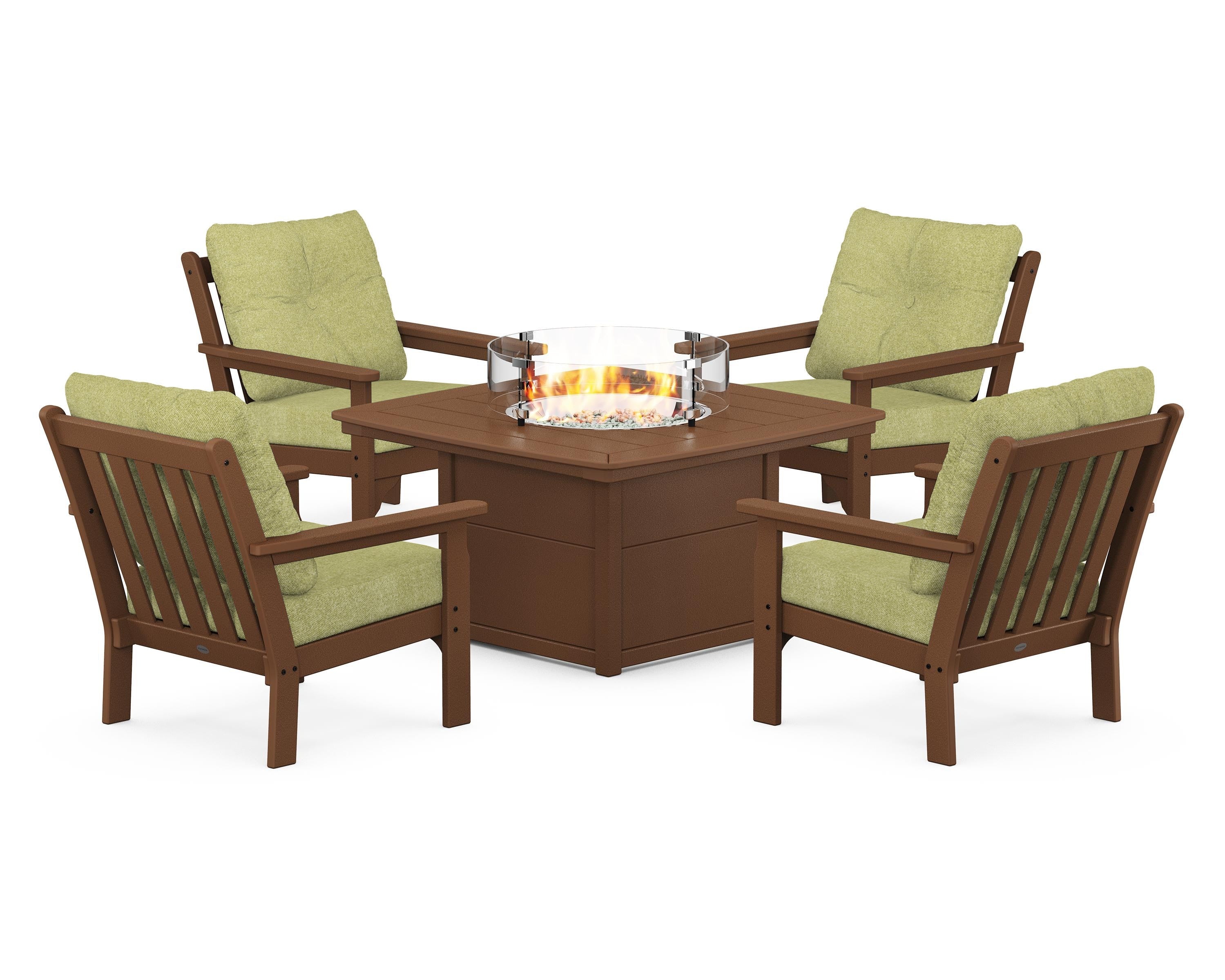 POLYWOOD® Vineyard 5-Piece Conversation Set with Fire Pit Table in Teak / Chartreuse Boucle