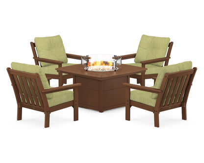 POLYWOOD® Vineyard 5-Piece Conversation Set with Fire Pit Table in Teak / Chartreuse Boucle