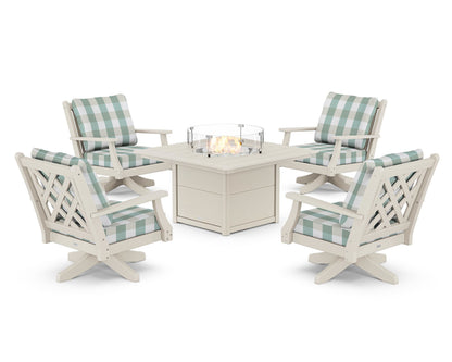 Country Living Wovendale 5-Piece Deep Seating Swivel Conversation Set with Fire Pit Table in Sand / Buffalo Plaid Glacier Spa