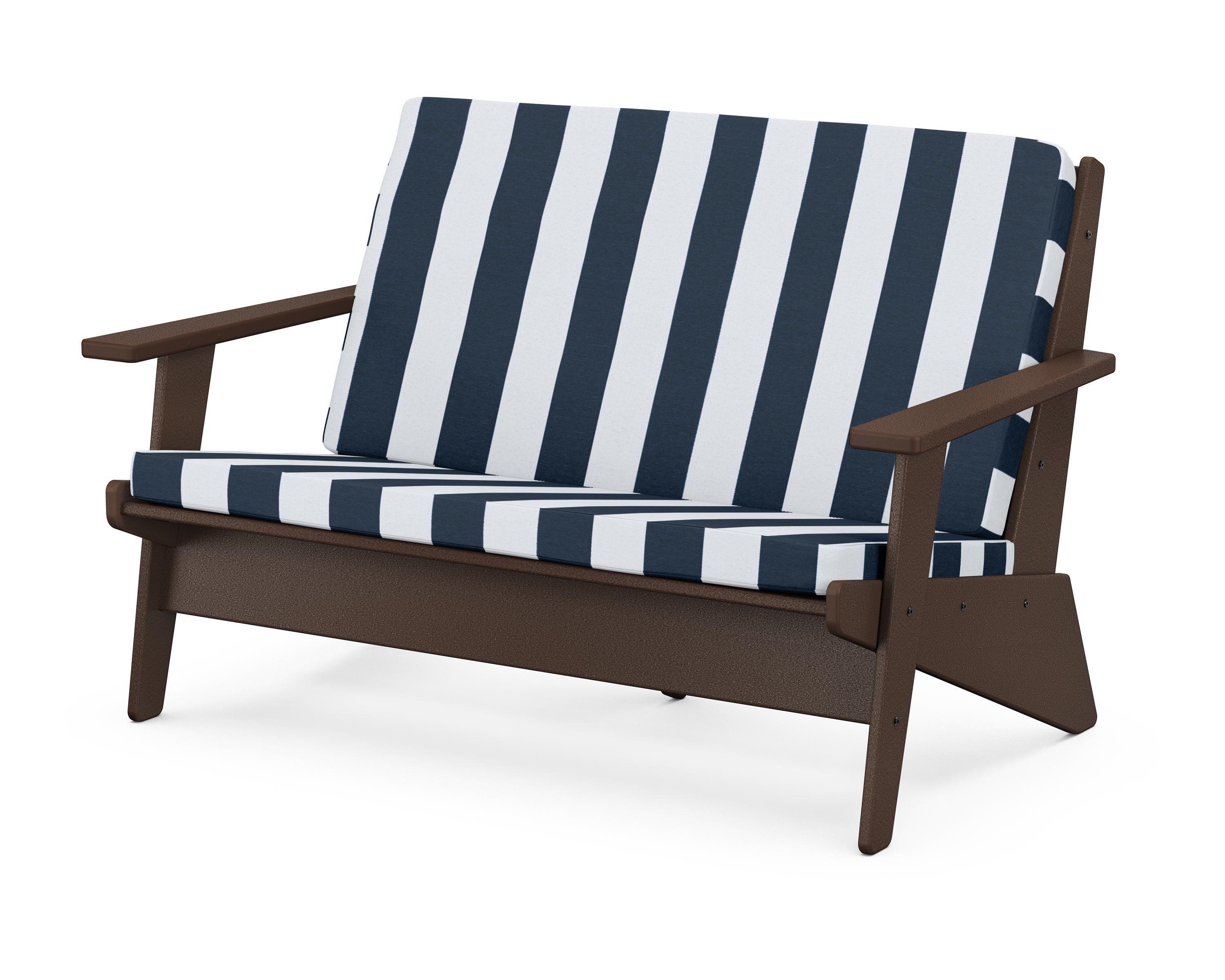 POLYWOOD® Riviera Modern Lounge Loveseat in Mahogany / Cabana Stripe Marine Indigo