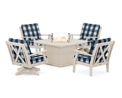 POLYWOOD® Braxton 5-Piece Deep Seating Set with Fire Table in Sand / Buffalo Plaid Marine Indigo
