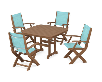 POLYWOOD® Coastal Folding Chair 5-Piece Dining Set in Teak / Dupioni Aquamarine Sling